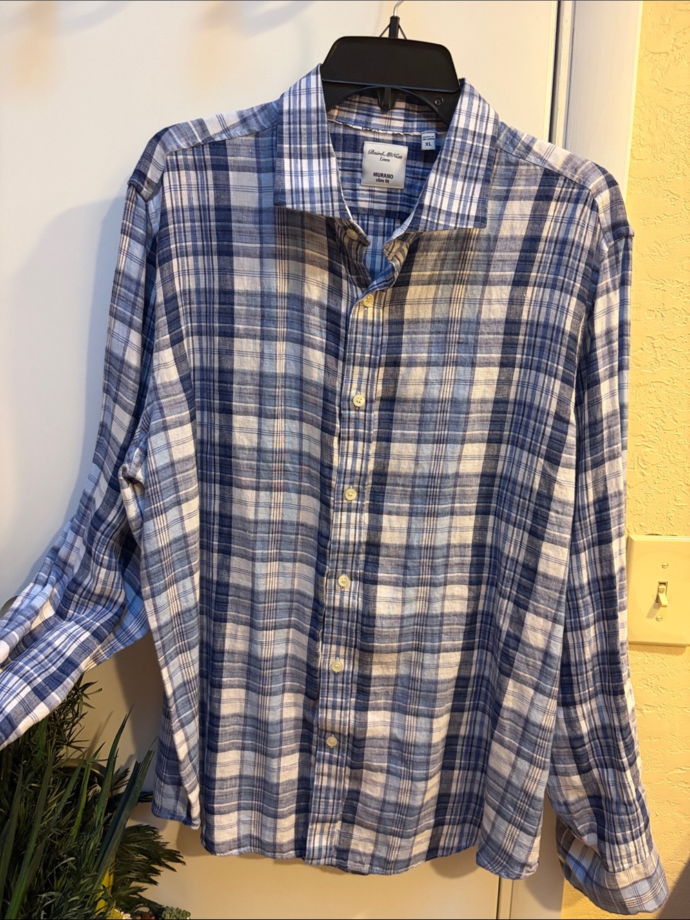 Baird McNutt Blue Plaid Linen Long-Sleeve Button-Down Shirt